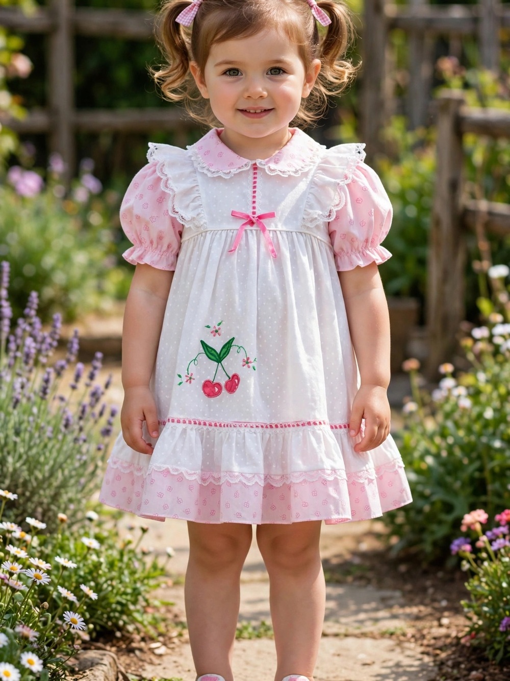 Vintage Cradle Togs Pink White Cherry Swiss Dot Dress Size 4T Bib Ruffle Flaw